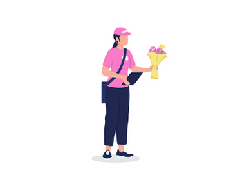 Female courier in uniform with bouquet flat color vector detailed character preview picture