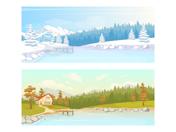 Seasonal countryside scenery flat color vector illustration set preview picture
