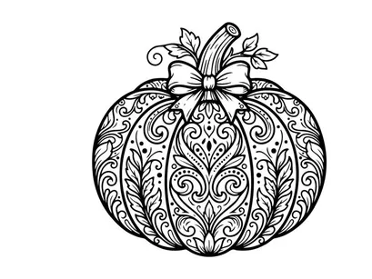 Hand-drawn ornate pumpkin illustration for autumn and Halloween designs. Intricate black and white sketch of a decorative fall gourd with floral mo...