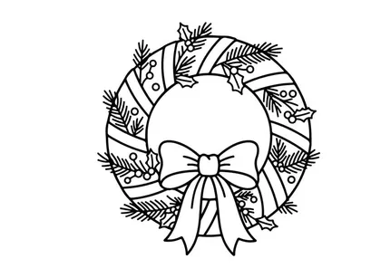 Handgezeichneter Weihnachtskranz mit silberner Schleife und Tannenzapfen für festliche Deko