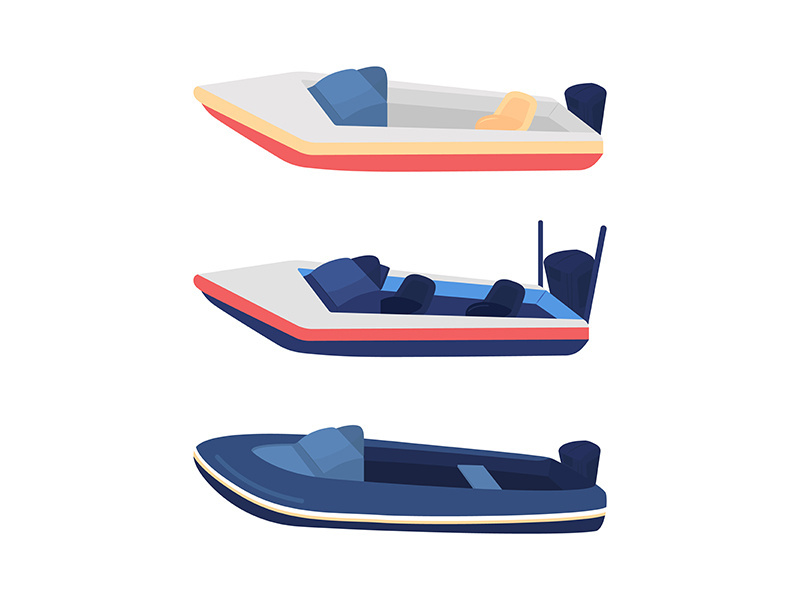 Fishing vessel semi flat color vector objects set
