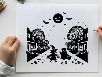 Halloween nighttime scene with children and spooky decorations preview picture