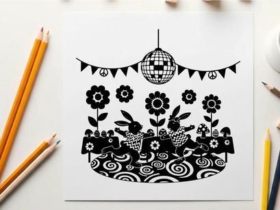 Party rabbits dancing under disco ball silhouette