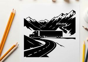 Truck driving through mountains silhouette on a winding road