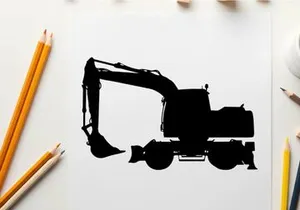 Silhouette of a black excavator on a white background