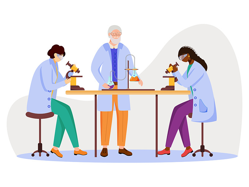 Science students and professor in lab coats flat vector illustration