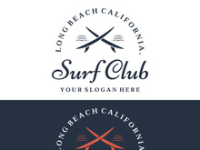 Vintage surfboard logo,surfing on summer beach.For business,badge,holiday, ,label,emblem.