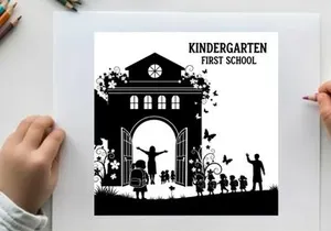 Silhouette of children and teacher outside kindergarten first school building