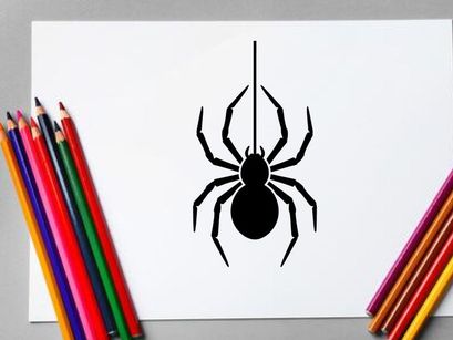Araña negra colgada de un hilo fino en estilo minimalista