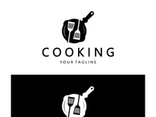 frying pan and spatula logo, kitchen cooking equipment, for business, company, restaurant