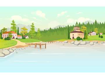 Daytime lake in village flat color vector illustration preview picture