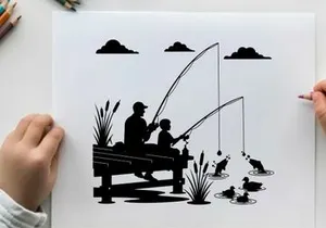 Silhouette of man and boy fishing together peacefully outdoors