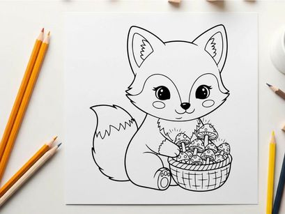 Cute fox holding mushrooms basket vector illustration