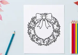 Ilustración de arte lineal de corona navideña con moño decorativo para proyectos de diseño festivo.