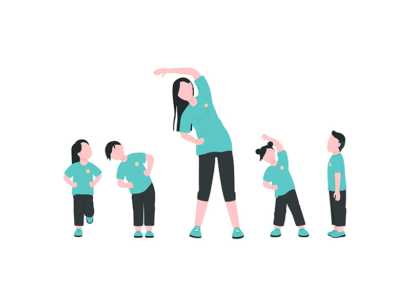 Teacher with children exercising flat color vector faceless characters