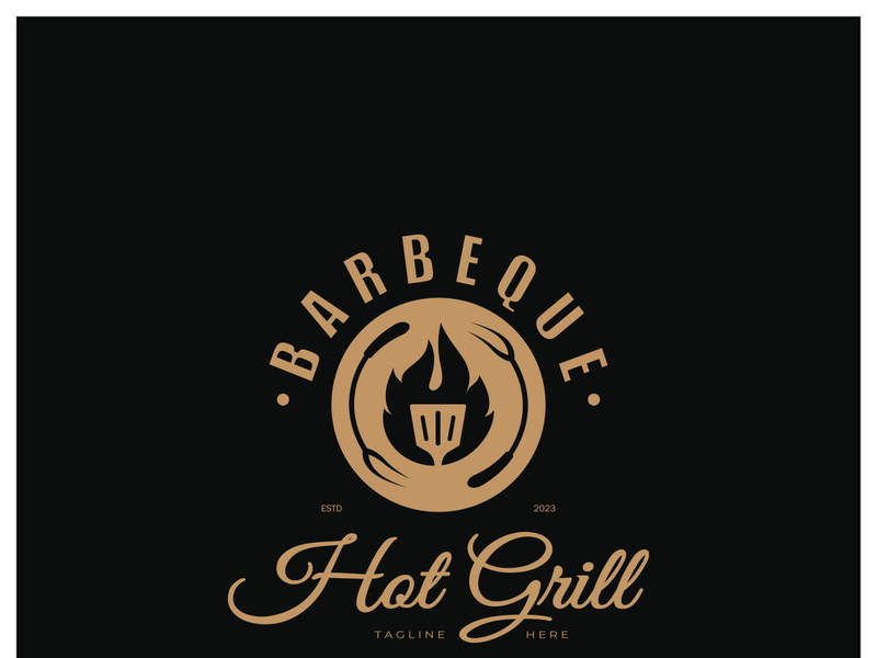 Simple Barbecue Vintage hot grill, with crossed flames and spatula. Logo for restaurant, badge, cafe and bar.vector