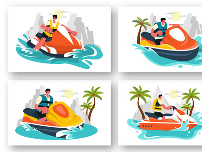 9 People Ride Jet Ski Illustration