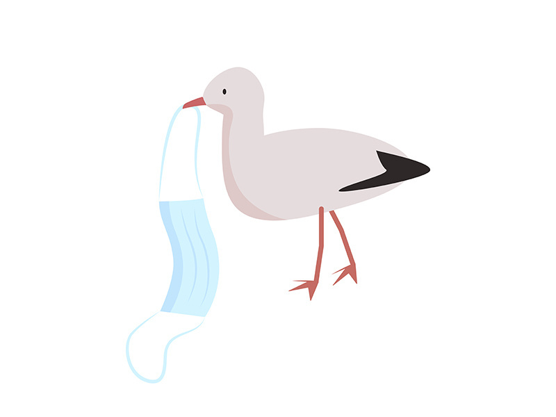 Seagull carries coronavirus face mask semi flat color vector character