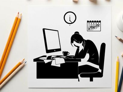 Silhouette of a woman working late at her desk