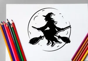 Whimsical witch silhouette flying on broomstick at moonlit night