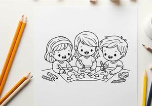 Three kids drawing together vector illustration flat design