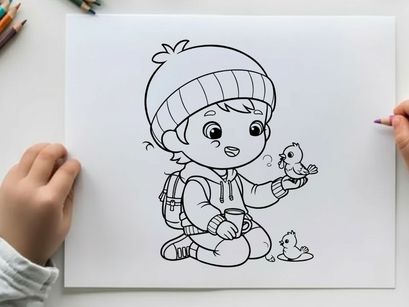 Cute nurse child feeding baby birds vector illustration