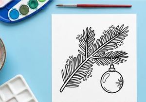 Christmas tree branch with hanging bauble ornament line art illustration