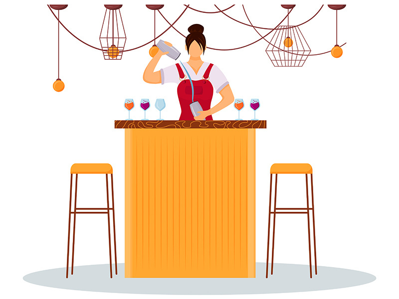 Woman bartender flat color vector illustration