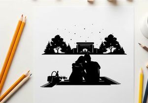 Romantic silhouette of couple on picnic at night outdoors