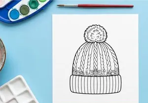 Winter knitted beanie hat with pompom and snowflake pattern line art illustration