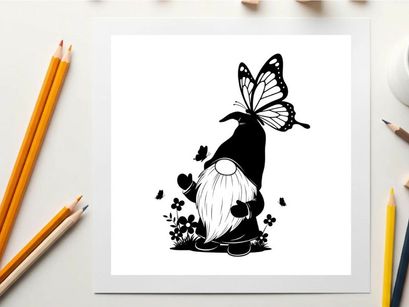 Silhouette of a gnome with a butterfly and hearts