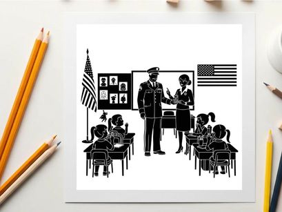 Police officer visits classroom with teacher and students in silhouette