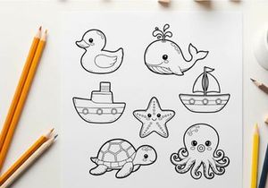 Cute sea animals set flat design vector illustration