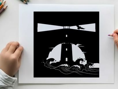 Lighthouse silhouette at sunset with american flag and seagull