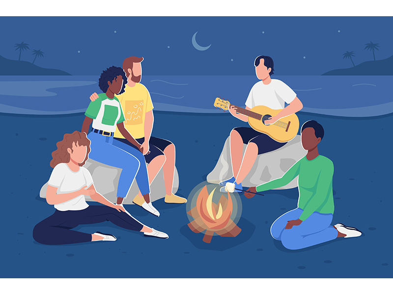 Gathering together around campfire flat color vector illustration