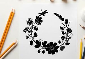 Silhouette floral wreath with dragonfly and various flowers