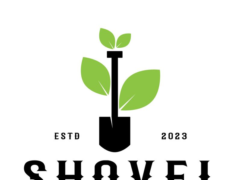 Shovel logo for agriculture, excavation,building, mining foundation. gardening vector set design with leaves