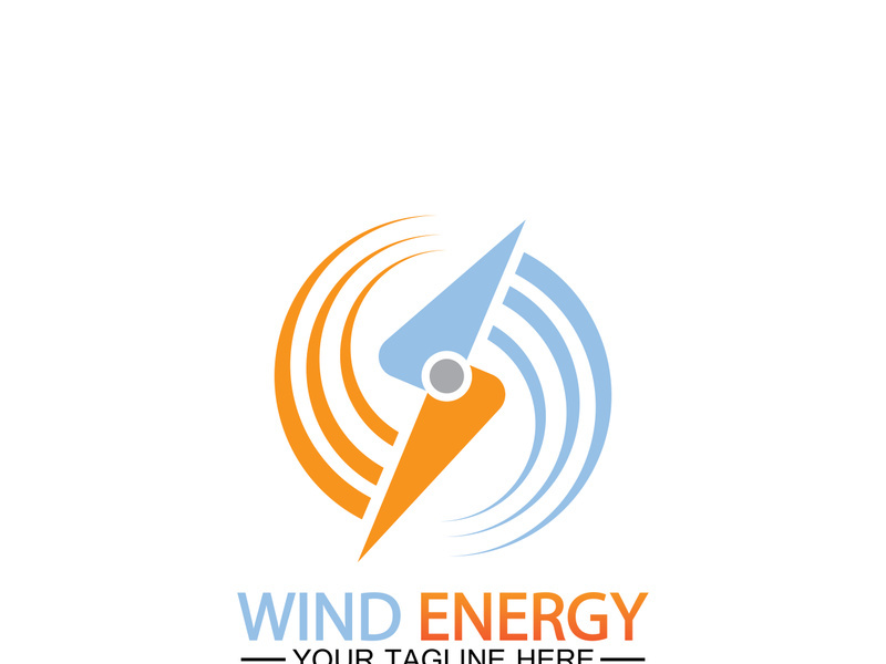 Wind energy logo. renewable energy icon with wind turbines and thunder bolt isolated on white backgroundWind energy logo. renewable energy icon with wind turbines and thunder bolt isolated on white background