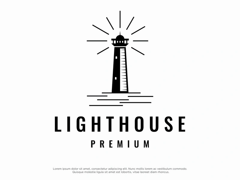 Sea lighthouse tower building creative logo with spotlights vintage vector template.