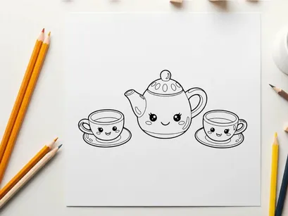 Cute teapot and cups set smiling vector illustration