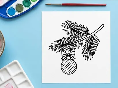 Christmas tree branch with hanging bauble ornament, hand drawn black and white line art.