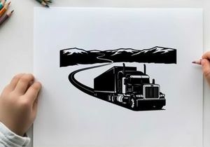 Black silhouette of a semi truck driving on a winding road through mountains