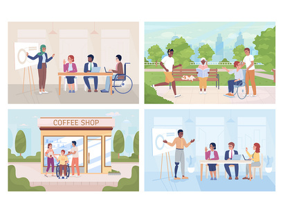 Work and life balance 2D vector isolated illustration set