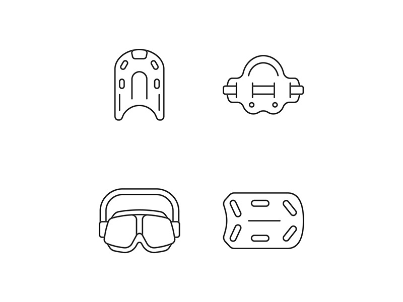 Swimming pool supplies linear icons set
