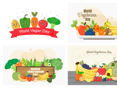 24 World Vegetarian Day and Vegetables or Fruits Vector
