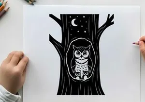 Owl silhouette in tree hollow under starry night sky silhouette
