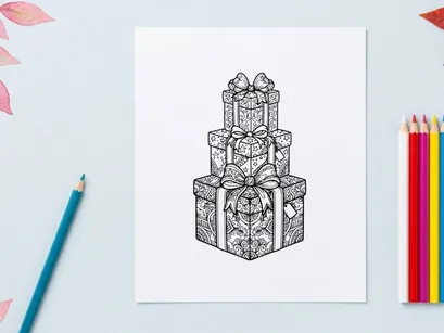 Christmas gift box stack with decorative bows, hand drawn line art illustration.