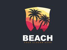 Coconut Tree Logo With Beach Atmosphere, Beach Plant Vector, Sunset View Design