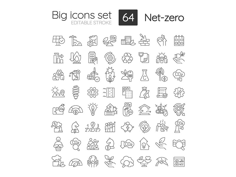 Net zero strategies linear icons set