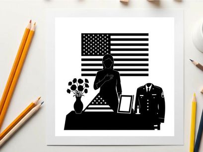 Patriotic silhouette of a man with american flag and military memorabilia